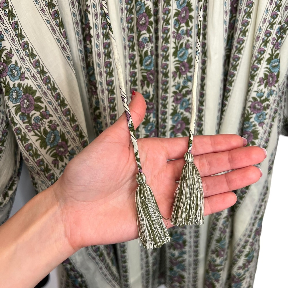 Mille Daisy Balloon Sleeve Goa Stripe Floral Tassel Tie Mini Cotton Dress SZ XS - Picture 6 of 13